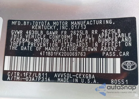 2013 Toyota Camry Hybrid Xle from USA, damaged, VIN 4T1BD1FK2DU069763